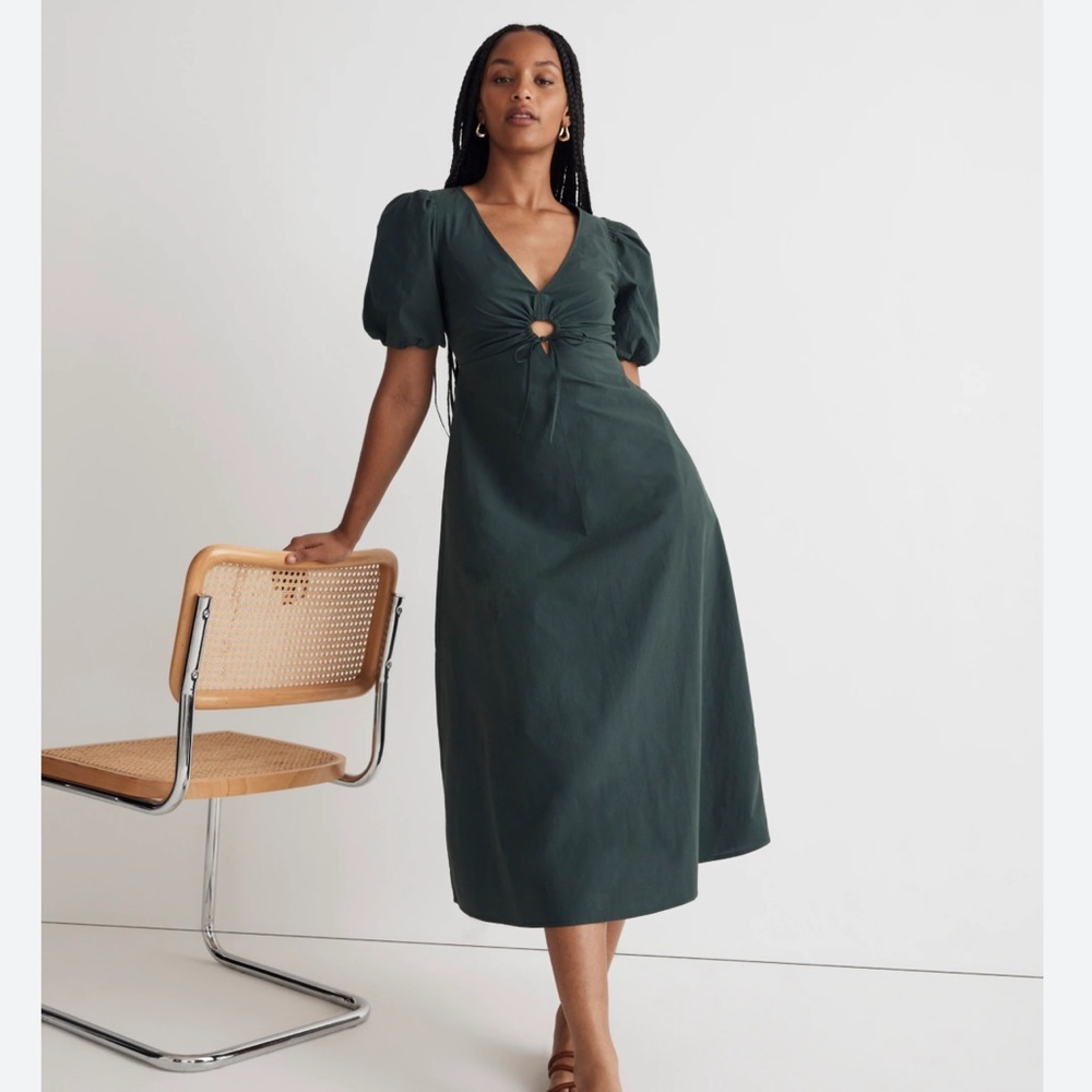 NWT Madewell Poplin Cutout Puff-Sleeve Midi Dress green women’s size 10